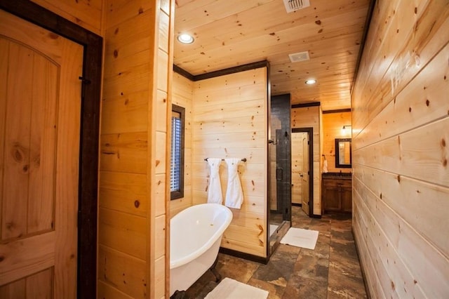 full bathroom with wooden ceiling, recessed lighting, wooden walls, a soaking tub, and a shower stall