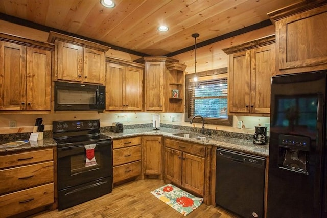 kitchen featuring open shelves, brown cabinetry, a sink, wooden ceiling, and black appliances