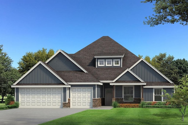 craftsman house featuring an attached garage, brick siding, driveway, board and batten siding, and a front yard