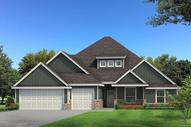 craftsman-style house featuring board and batten siding, an attached garage, a front yard, and roof with shingles