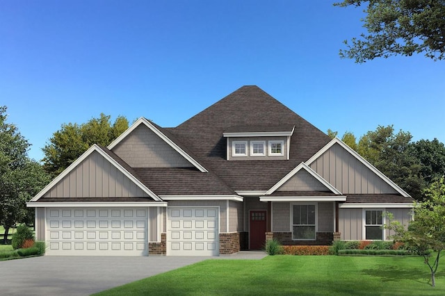craftsman-style home featuring a front lawn, concrete driveway, an attached garage, a shingled roof, and board and batten siding