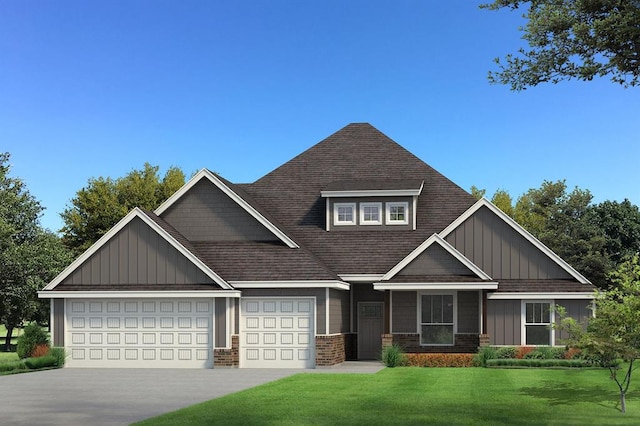 craftsman inspired home with roof with shingles, a front lawn, concrete driveway, a garage, and board and batten siding
