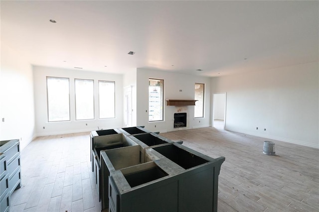 living area featuring a fireplace, light wood-type flooring, and baseboards