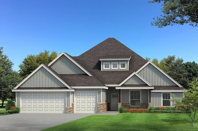 craftsman inspired home with concrete driveway, board and batten siding, a shingled roof, a front yard, and a garage