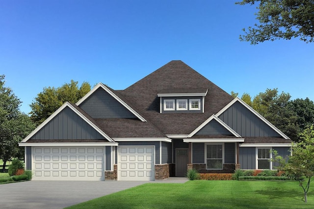 craftsman house featuring board and batten siding, driveway, brick siding, a front yard, and a garage