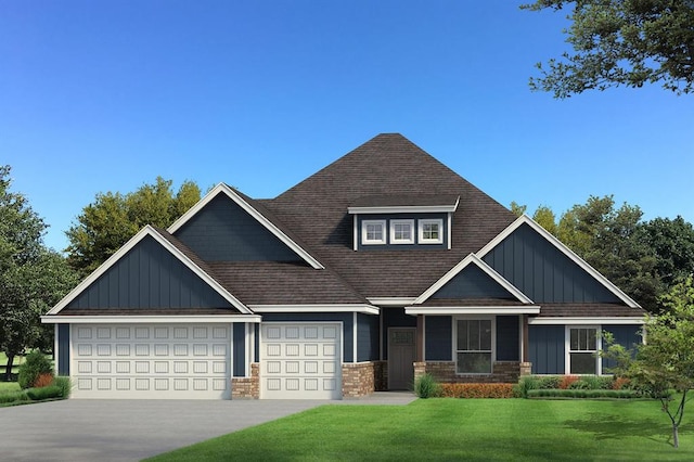 craftsman house featuring board and batten siding, a front lawn, roof with shingles, and a garage