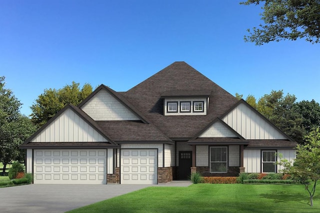 view of front facade with a front lawn, concrete driveway, a garage, a shingled roof, and board and batten siding