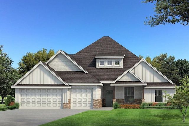 view of front of house with board and batten siding, a shingled roof, a front lawn, and concrete driveway