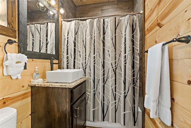 bathroom with wooden walls, toilet, and vanity