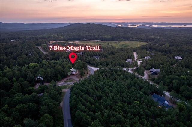 aerial view at dusk featuring a mountain view and a wooded view