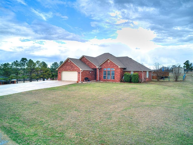 ranch-style house featuring brick siding, roof with shingles, a garage, driveway, and a front lawn