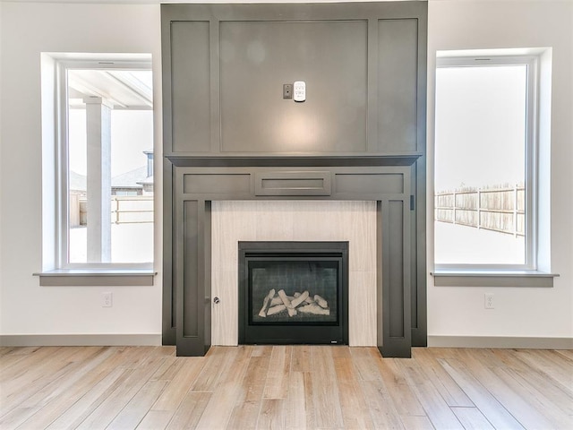 details with a fireplace, baseboards, and wood finished floors