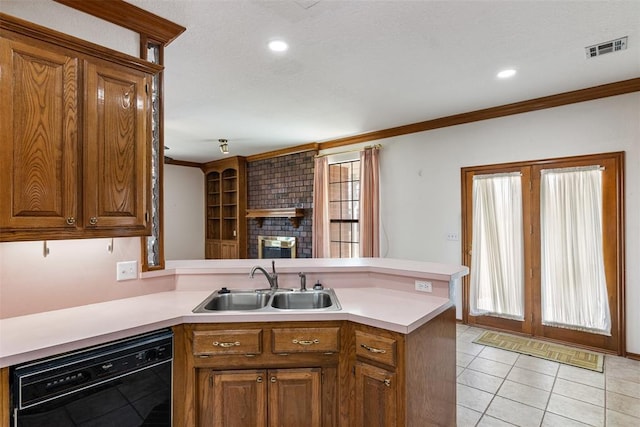 kitchen featuring a peninsula, a sink, light countertops, dishwasher, and crown molding