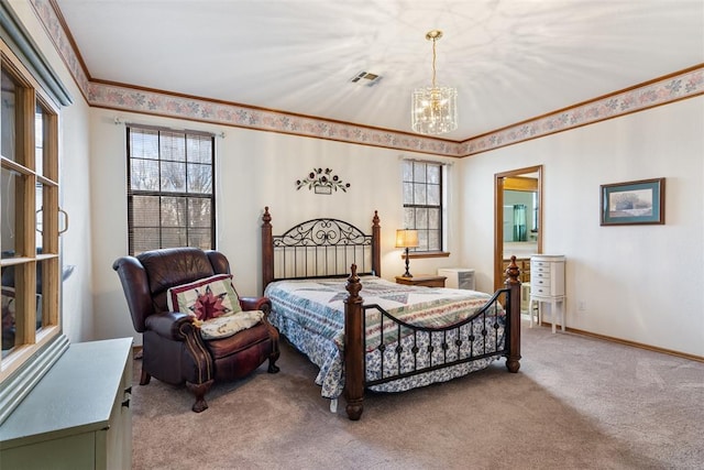 bedroom with a chandelier, visible vents, baseboards, carpet, and crown molding