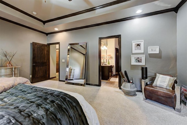 bedroom with light carpet, ornamental molding, connected bathroom, and recessed lighting