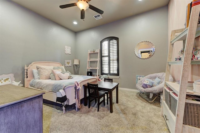 bedroom with ceiling fan, recessed lighting, light colored carpet, visible vents, and baseboards