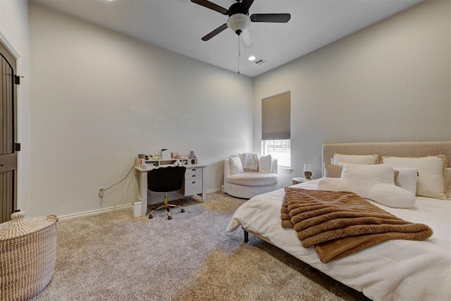 bedroom with ceiling fan, recessed lighting, visible vents, baseboards, and carpet