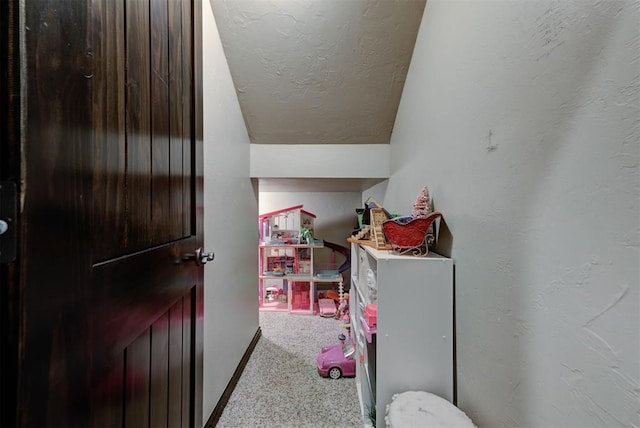 interior space with baseboards, a textured wall, vaulted ceiling, a textured ceiling, and carpet floors