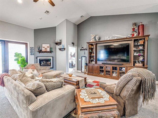 344750 E 830th Rd, Chandler, OK 74834 - living area with carpet flooring, a ceiling fan, and high vaulted ceiling