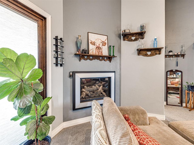 344750 E 830th Rd, Chandler, OK 74834 - living area featuring carpet, baseboards, and a glass covered fireplace