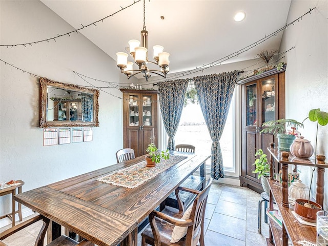 344750 E 830th Rd, Chandler, OK 74834 - dining area with vaulted ceiling, a chandelier, a textured wall, light tile patterned floors, and recessed lighting