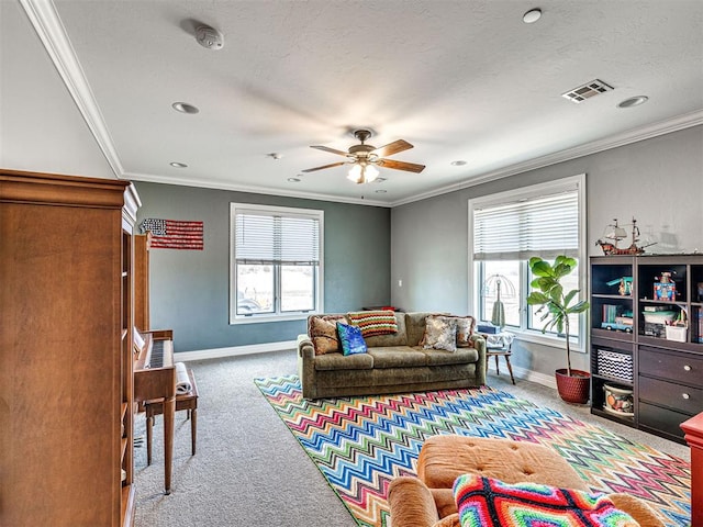 344750 E 830th Rd, Chandler, OK 74834 - carpeted living room featuring baseboards, a ceiling fan, crown molding, and recessed lighting