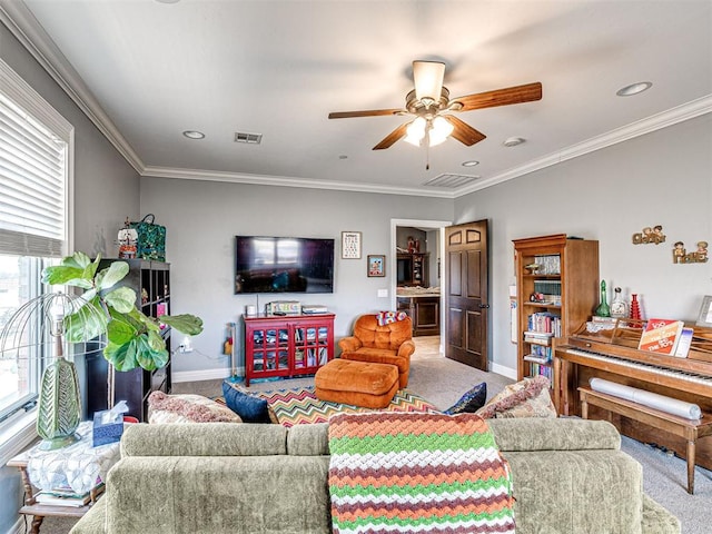 344750 E 830th Rd, Chandler, OK 74834 - living room featuring light carpet, baseboards, ceiling fan, ornamental molding, and recessed lighting