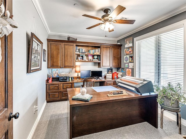 344750 E 830th Rd, Chandler, OK 74834 - office with light colored carpet, baseboards, ceiling fan, crown molding, and built in desk