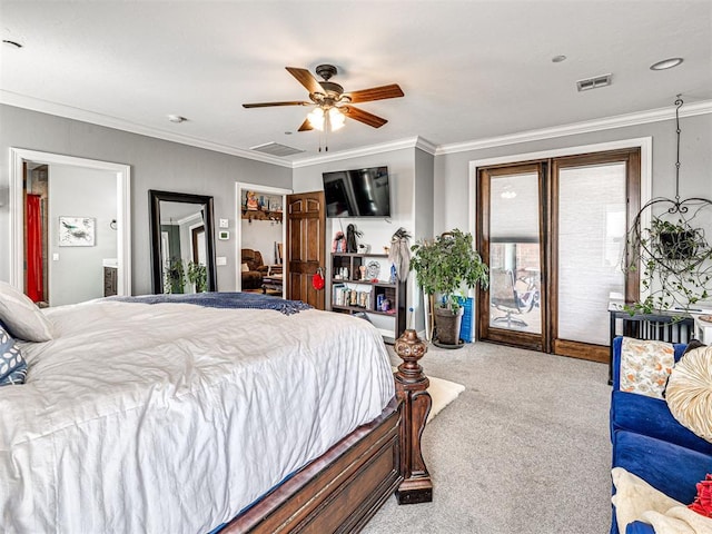 344750 E 830th Rd, Chandler, OK 74834 - bedroom featuring carpet, ornamental molding, access to outside, and ceiling fan