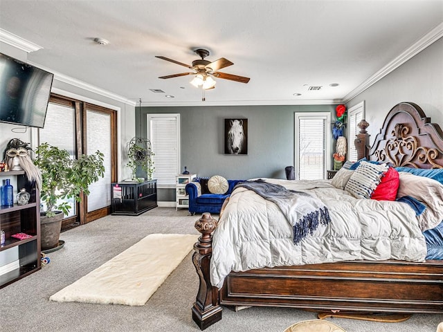 344750 E 830th Rd, Chandler, OK 74834 - carpeted bedroom featuring ornamental molding, a ceiling fan, and baseboards