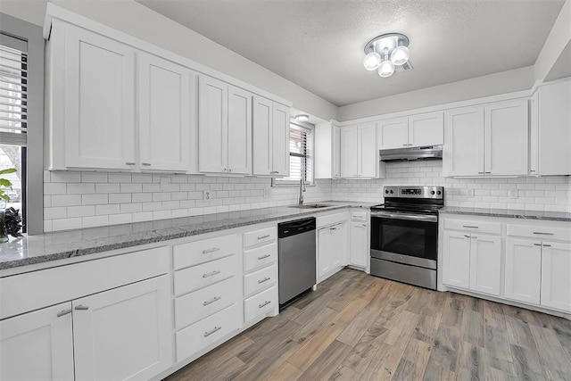 kitchen with under cabinet range hood, a sink, white cabinetry, appliances with stainless steel finishes, and light wood-type flooring