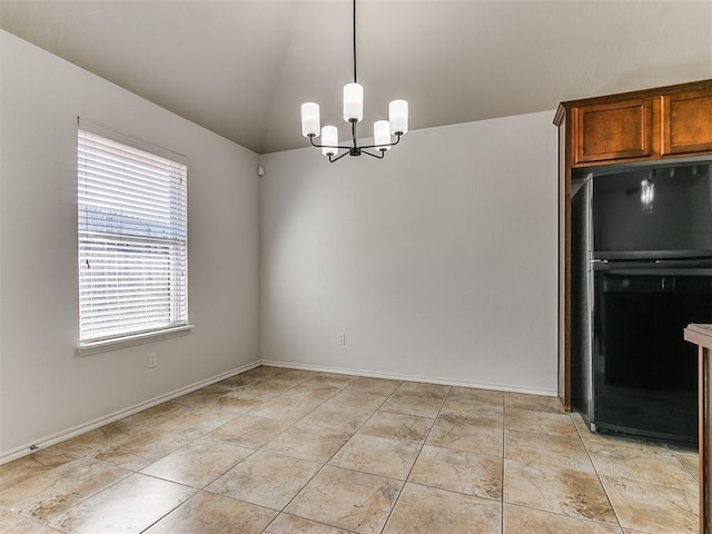 unfurnished dining area with baseboards, a chandelier, vaulted ceiling, and light tile patterned flooring