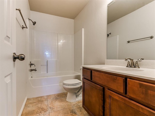 full bath with visible vents, vanity, toilet, and shower / bathtub combination