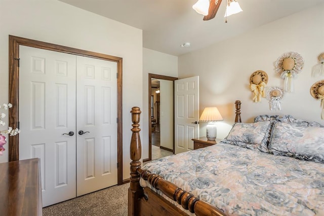 bedroom featuring a ceiling fan, a closet, and carpet flooring