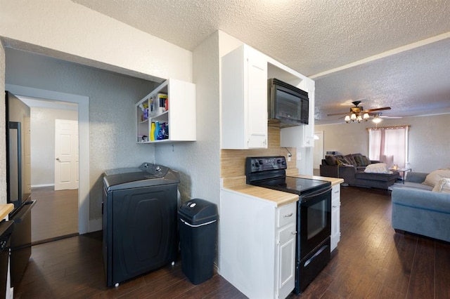 kitchen with white cabinets, open floor plan, dark wood-type flooring, light countertops, and black appliances