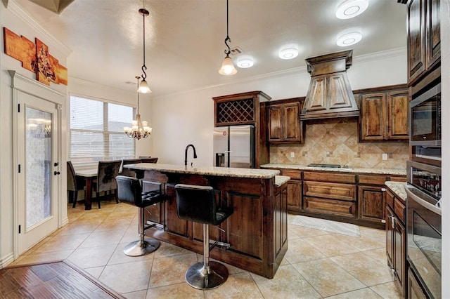 kitchen with ornamental molding, appliances with stainless steel finishes, light tile patterned floors, and tasteful backsplash