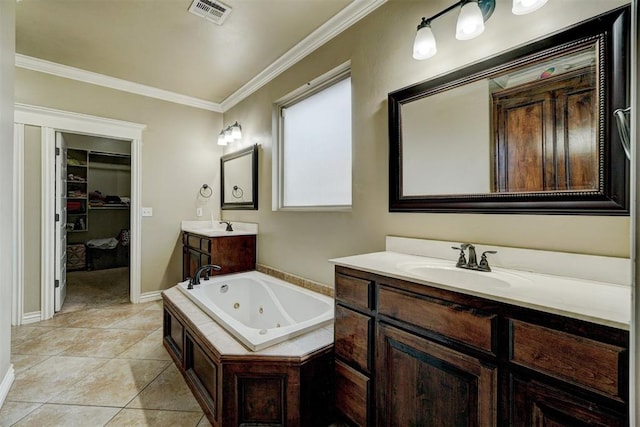 bathroom featuring visible vents, two vanities, ornamental molding, a sink, and tile patterned flooring