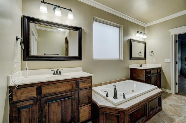 full bathroom with ornamental molding, two vanities, a sink, and tile patterned floors