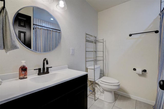 full bath with curtained shower, toilet, vanity, tile patterned flooring, and baseboards