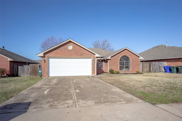 single story home with brick siding, concrete driveway, fence, a garage, and a front lawn