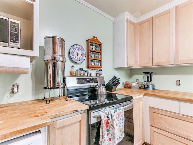 kitchen with crown molding, stainless steel electric range oven, wood counters, and light brown cabinetry