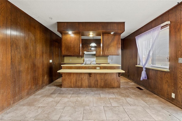 kitchen with a sink, wooden walls, under cabinet range hood, and light countertops