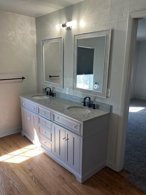 full bathroom with double vanity, a sink, and wood finished floors