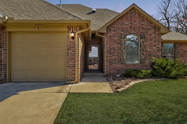 view of front facade featuring brick siding, concrete driveway, an attached garage, and a shingled roof