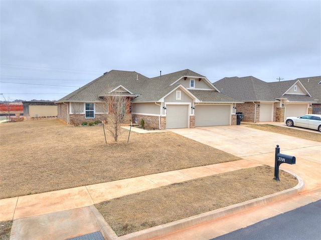 view of front of home with concrete driveway, a shingled roof, an attached garage, and stone siding