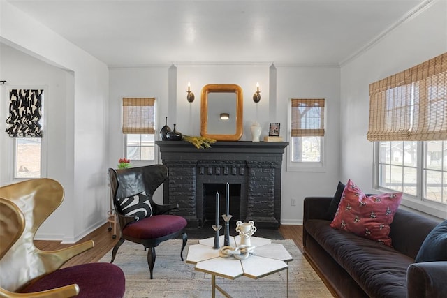 living room featuring ornamental molding, a fireplace, baseboards, and wood finished floors