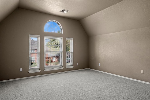 additional living space with carpet, visible vents, vaulted ceiling, and a textured ceiling