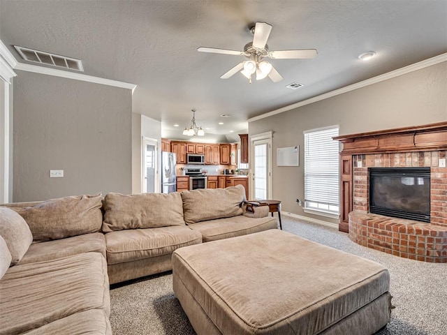 living area featuring visible vents, crown molding, and light carpet