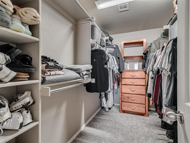 spacious closet featuring carpet flooring and visible vents