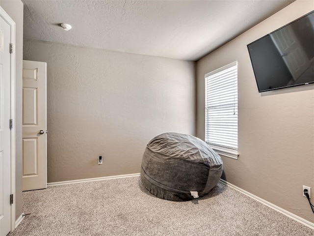 living area with a textured ceiling, baseboards, carpet flooring, and a textured wall